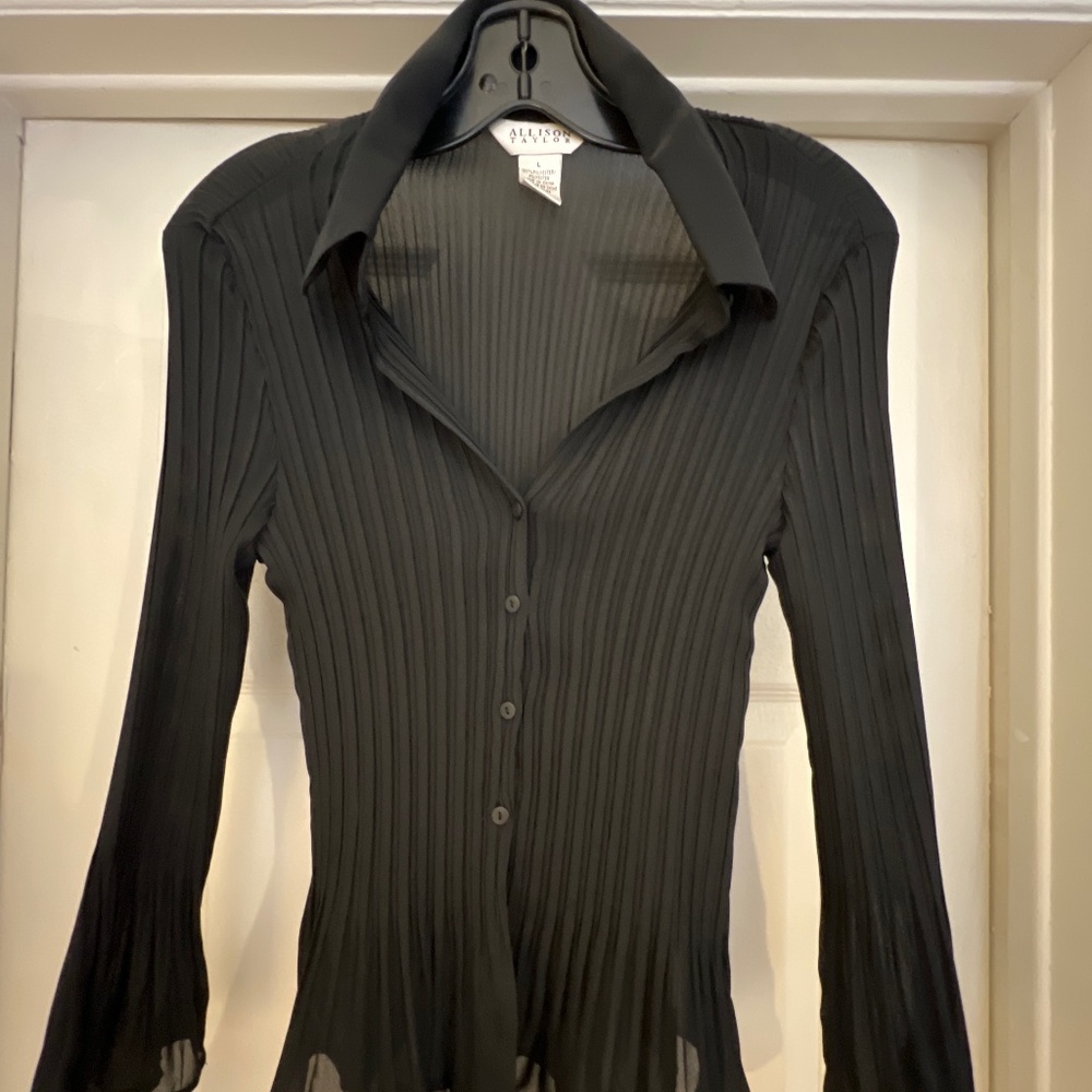 Black Pleated Button-Up Top